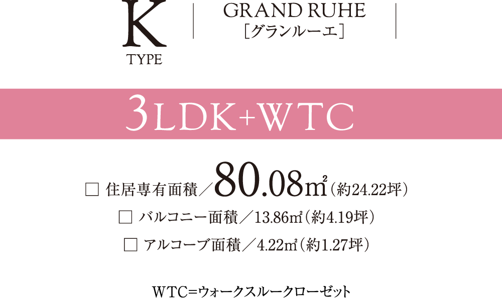 KタイプGRAND RUHE［グランルーエ］3LDK+WTC□ 住居専有面積／80.08㎡（約24.22坪）□ バルコニー面積／13.86㎡（約4.19坪）□ アルコーブ面積／4.22㎡（約1.27坪）WTC=ウォークスルークローゼット